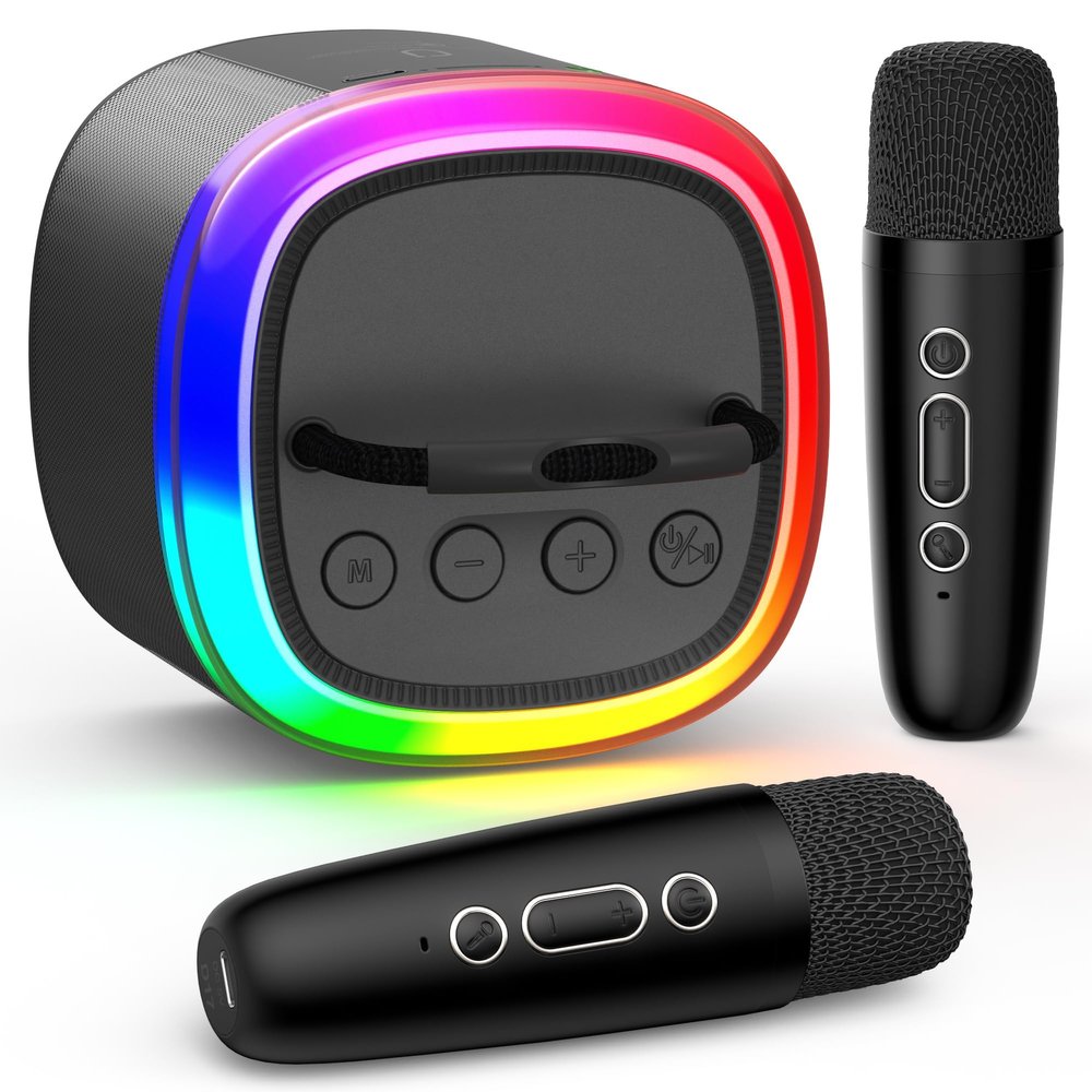 HWWR Karaoke Machine, Mini Bluetooth Speaker with 2 Wireless Microphones, Disco Lights Karaoke Home Party, Xmas Birthday Gifts for Singing