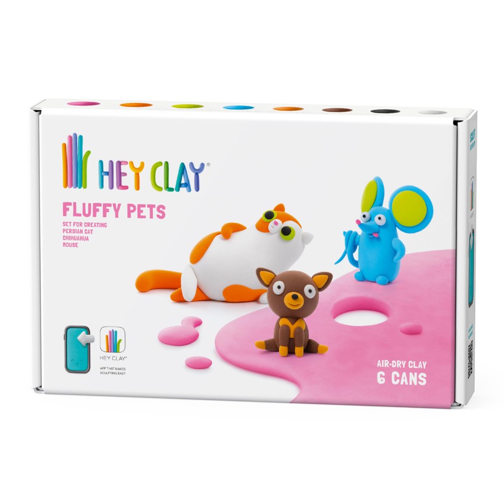 HEY CLAY Fluffy Pets: Persian cat, Mouse, Chihuahua Set - Colourful Modeling Air Dry Clay for Kids - Air Dry Clay Kit 6 cans with Fun Interactive Instructions App