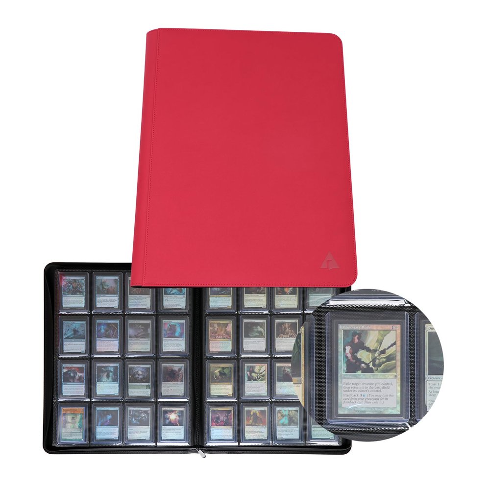 Rayvol 16-Pocket Top loader Binder, Holds 512 Top loaders 16 Pocket Top Loader Card Storage Case, 500 + Ringless Double-Sided Pockets for Cards in 3 x 4'' Top loaders -Red
