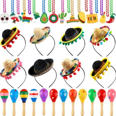 Sonarun Mexican Cinco De Mayo Fiesta Party Favors Includes Mini Fabric Straw Sombrero Headbands, Wooden Maracas, Necklaces for Mexican Party Decorations Photo Props