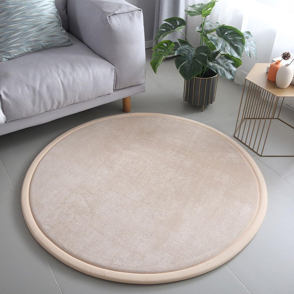Dmkjdzsw Round Play Mat Carpet for Children Kids Room, Coral Velvet Crawling Mat for Nursery Baby, Thick 2cm- Beige-200cm