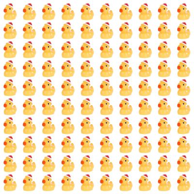 100pcs Christmas Resin Ducks, Mini Resin Ducks Decoration Little Ducks with Christmas Hat Tiny Resin Duck Miniature for Garden Landscape Dollhouse Decorations DIY Charms (Yellow)