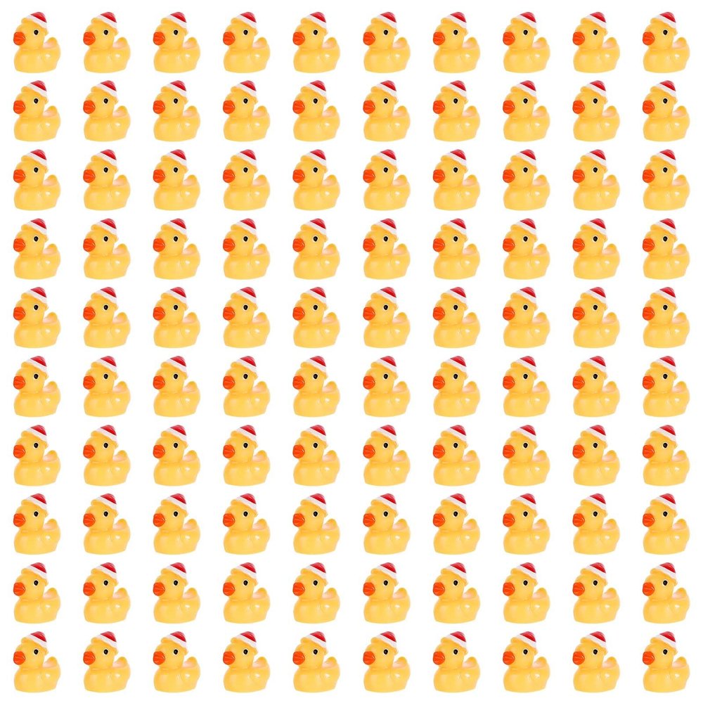 100pcs Christmas Resin Ducks, Mini Resin Ducks Decoration Little Ducks with Christmas Hat Tiny Resin Duck Miniature for Garden Landscape Dollhouse Decorations DIY Charms (Yellow)