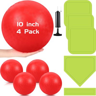 Hiboom 10 Pcs Kickball Set Includes 10 Inches Dodgeball Playground Balls 5 Rubber Throw Down Bases Needles and Ball Pump for Boys Girls Adults Backyard Game Camps Picnic Schoolyard Summer(Green)