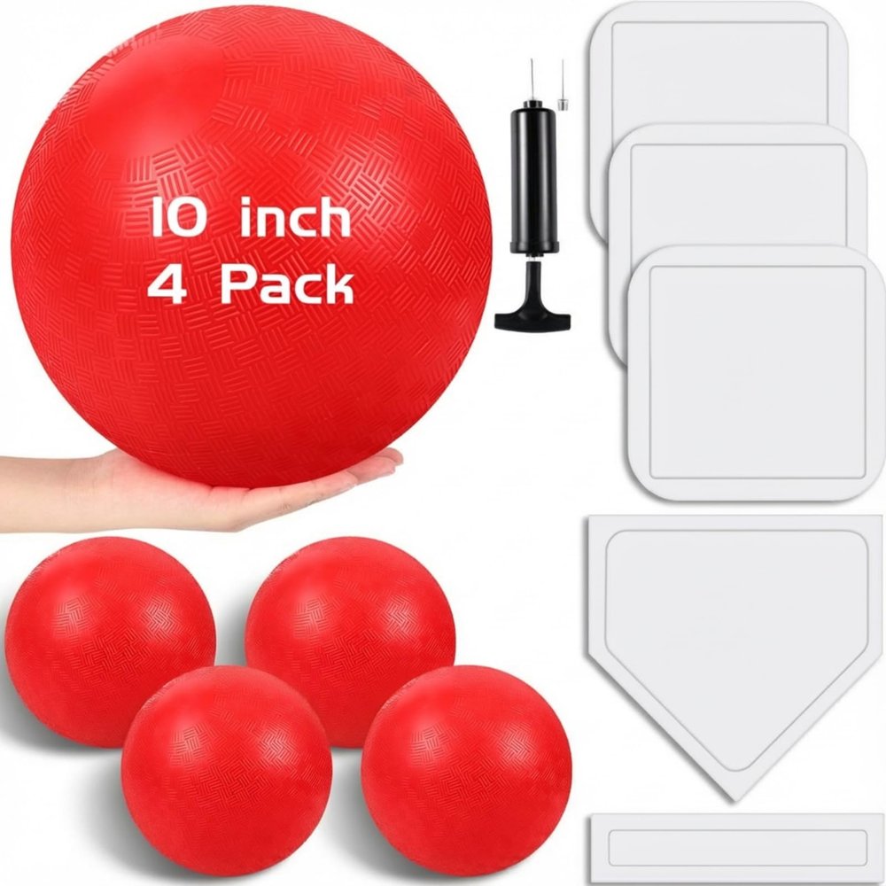 Hiboom 10 Pcs Kickball Set Includes 10 Inches Dodgeball Playground Balls 5 Rubber Throw Down Bases Needles and Ball Pump for Boys Girls Adults Backyard Game Camps Picnic Schoolyard Summer(White)