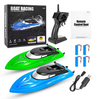 2-Pack RC Boat - Remote Control Boats for Kids and Adults - 10km/H 2.4G High Speed - Fast RC Boats for Pools and Lakes - Includes 4 Rechargeable Batteries - Blue and Green