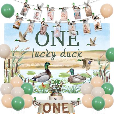Fangleland Mallard Duck 1st Birthday Decorations for 1 Year Old Boy, One Lucky Duck Theme Boy First Birthday Party Supplies with Cake Topper, Backdrop, High Chair Banner, Balloons