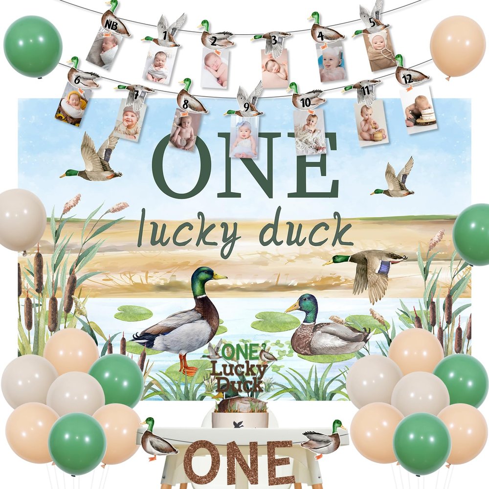 Fangleland Mallard Duck 1st Birthday Decorations for 1 Year Old Boy, One Lucky Duck Theme Boy First Birthday Party Supplies with Cake Topper, Backdrop, High Chair Banner, Balloons