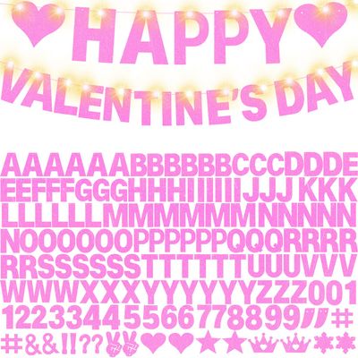 167Pcs DIY Glitter Customizable Banner Kit Happy Birthday Letter Banners Happy Valentine's Day Banners Love Heart Personalized Banner Decor Birthday Party Decorations Supplies(Glitter Light Pink)
