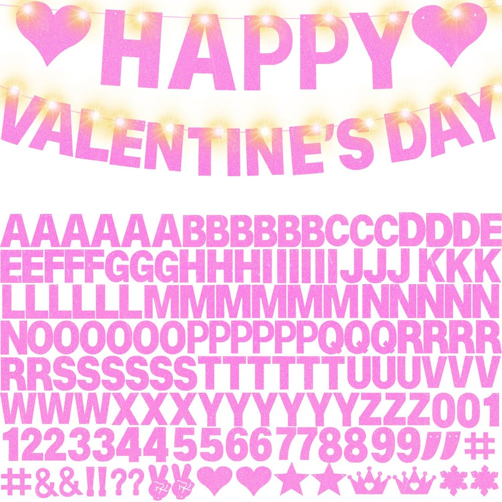 167Pcs DIY Glitter Customizable Banner Kit Happy Birthday Letter Banners Happy Valentine's Day Banners Love Heart Personalized Banner Decor Birthday Party Decorations Supplies(Glitter Light Pink)