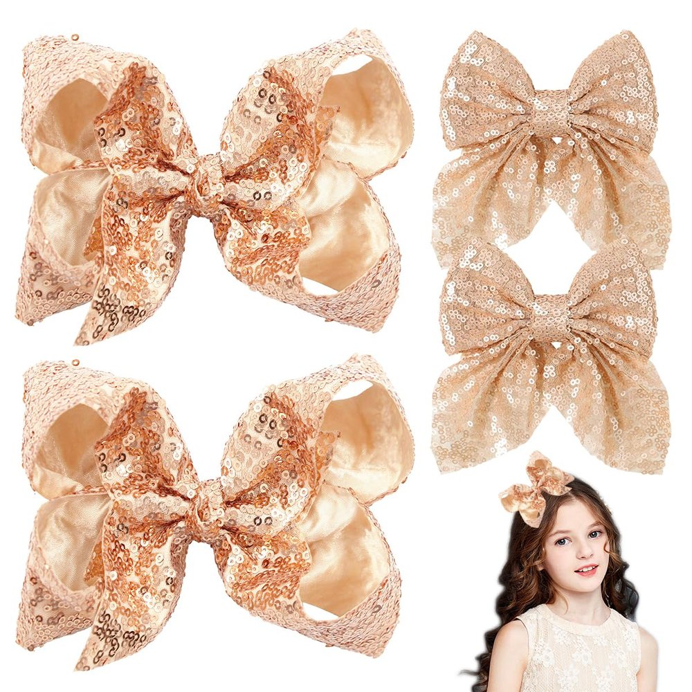 Aaiffey Hair Bows for Girls, Glitter Gold Sparkly Sequin Bows Hair Clips Toddler Bow Clips Hair Accessories, 4Pcs (Gold, 8inch*2, 4inch*2)