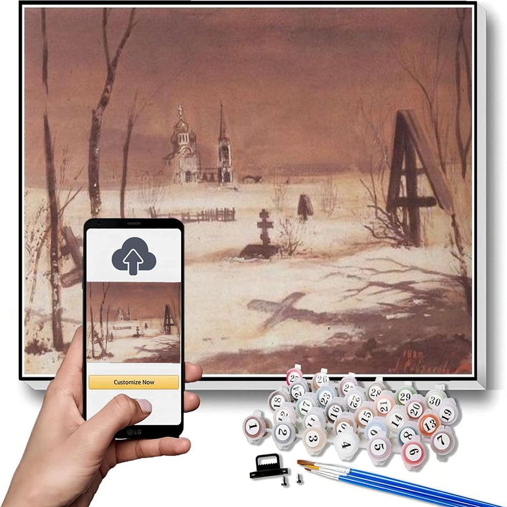 DIY Oil Painting Kit,Rural Cemetery in The Moonlight Painting by Aleksey Savrasov Paint by Numbers Kit for Kids and Adults
