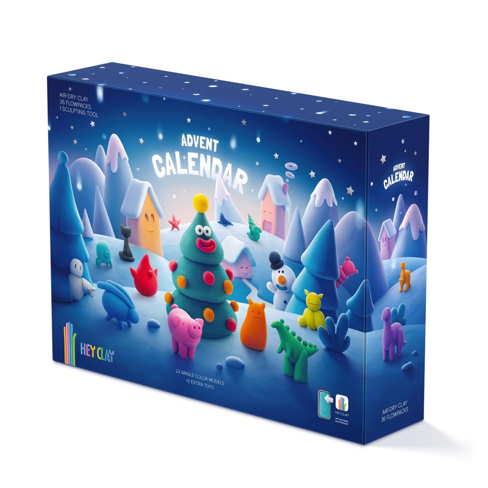 HEY CLAY Advent Calendar - Colorful Modeling Air Dry Clay for Kids - Air-Dry Clay Kit 36 Flowpacks with Fun Interactive App - Creative Winter Holidays