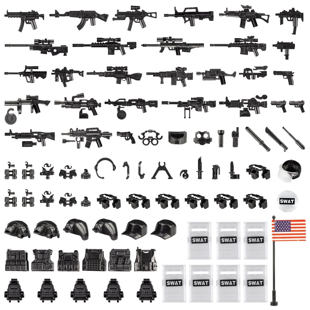 MaozyHomie Weapons Pack Military Weapons Accessories Chicken Gear Weapon Parts Toys Military Equipment Battle Blocks Bricks Compatible with Major Brand, 3 Years Old and up, Us Weapons(88pcs)