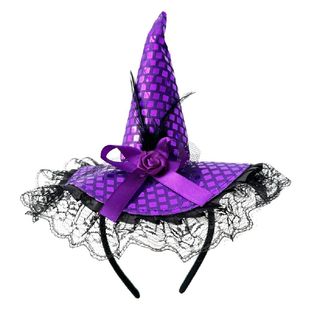 Ankelesz Halloween Witch Sequins Headbands for Women Costume Witch Hat Feather Witch Hat for Halloween (Purple)
