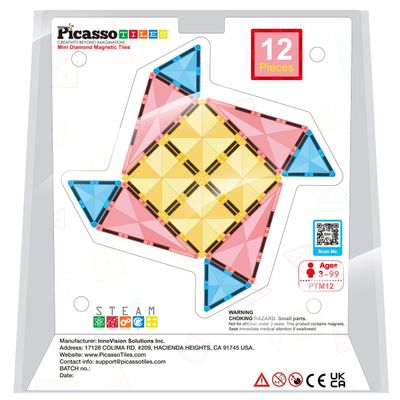 PicassoTiles Magnet Tile Building Blocks Mini Diamond Series Magnetized Toy Travel Size Compact Portable Magnetic Construction Block STEM Sensory Toy Early Education Learning Kids Ages 3+ PTM12