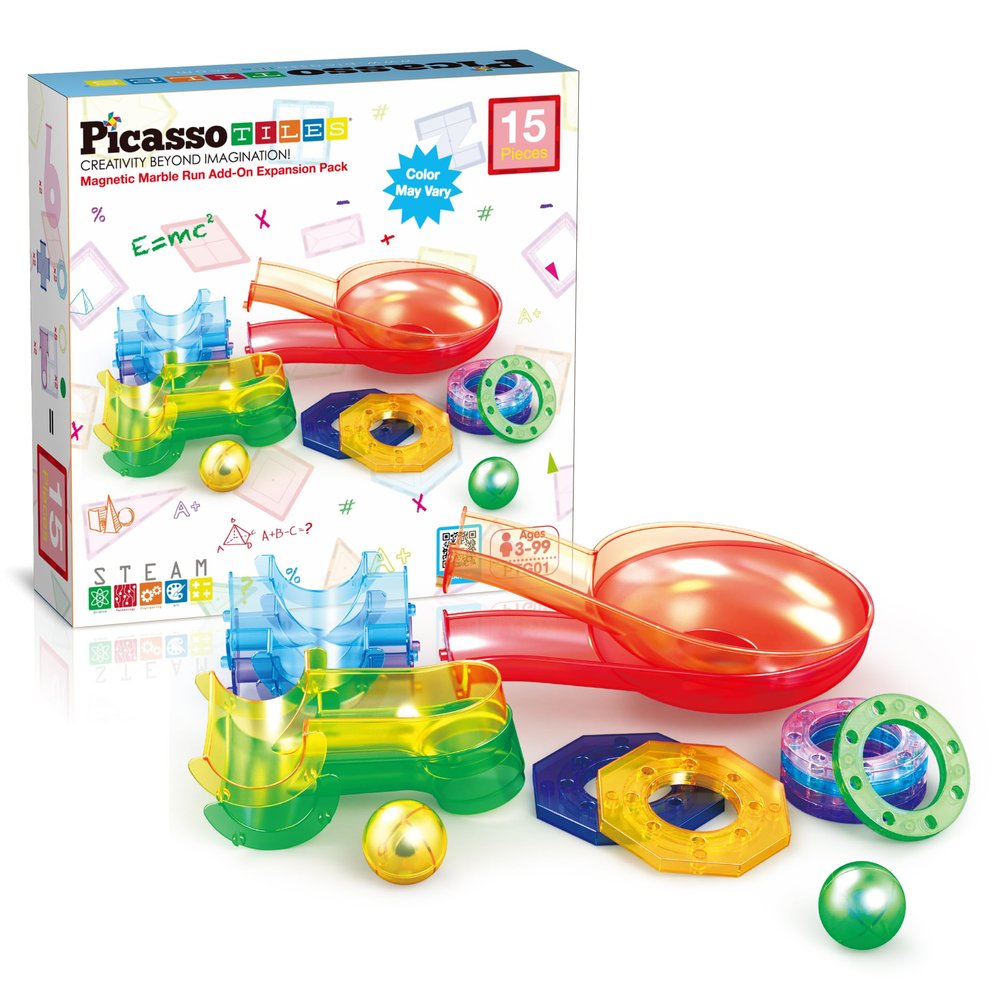 PicassoTiles Magnetic Marble Run Add-On Expansion Pack for Magnet Tile Building Blocks Maze Construction Toy Kit Educational STEM Learning Enhances Creativity Imagination Children Ages 3+ PTG01