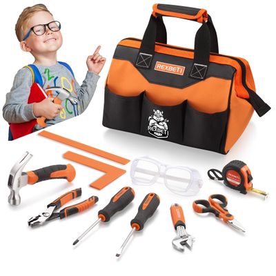 REXBETI 10-Piece Kids Tool Set with Real Hand Tools, Orange Durable Storage Bag, Children Learning Tool Kit for Home DIY and Woodworking, 6+ Years Old Birthday Gift