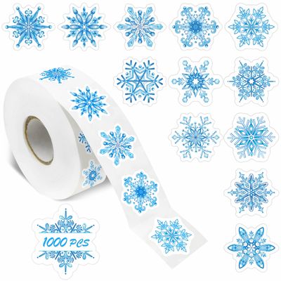 1000 PCS Snowflake Stickers, 12 Designs Winter Holiday Stickers Christmas Decoration Vibrant Labels for Xmas Display, Windows Walls Gift Decor Christmas Party Supplies with Perforation line (1 Each)