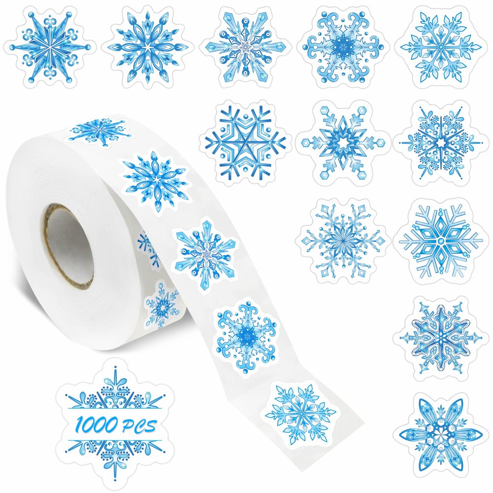 1000 PCS Snowflake Stickers, 12 Designs Winter Holiday Stickers Christmas Decoration Vibrant Labels for Xmas Display, Windows Walls Gift Decor Christmas Party Supplies with Perforation line (1 Each)