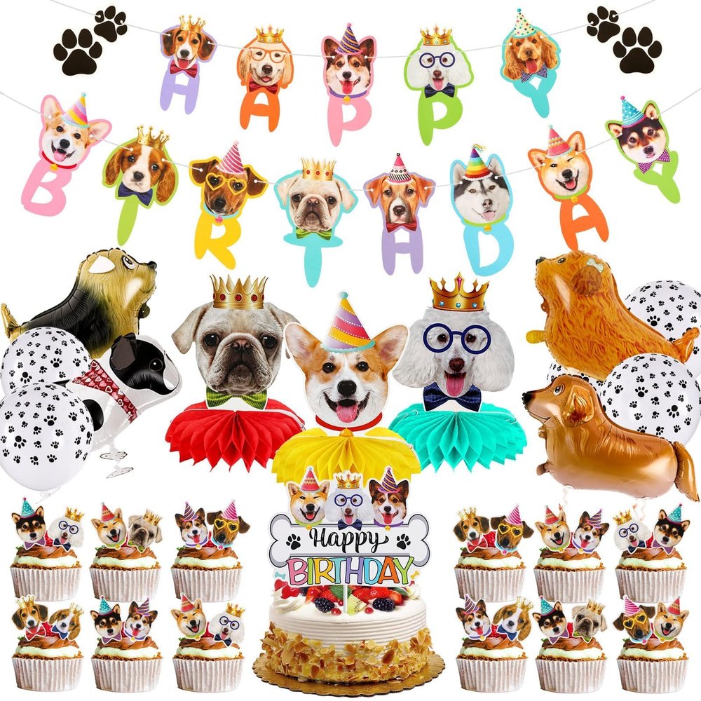 39 Pcs Dog Party Decorations - Birthday Banner, Honeycombs, Balloons & Cupcake Toppers for Dog Lovers