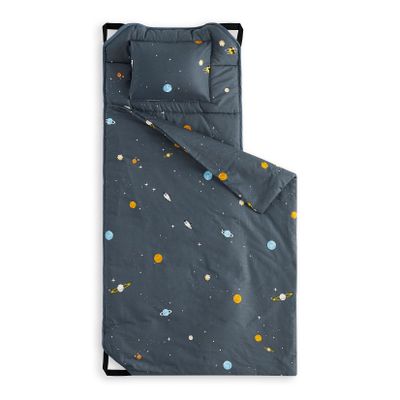 Wake In Cloud - Cot Nap Mat with Pillow and Blanket, 100% Cotton Fabric, for Toddler Kids Boys Girls Ages 3 Plus in Daycare Kindergarten Preschool, Stars Space Rockets, Dark Gray