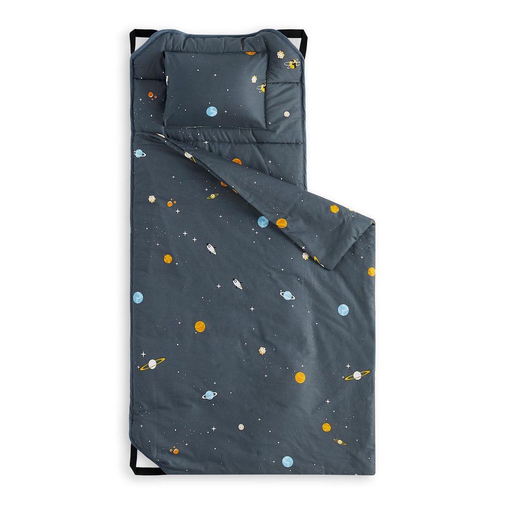 Wake In Cloud - Cot Nap Mat with Pillow and Blanket, 100% Cotton Fabric, for Toddler Kids Boys Girls Ages 3 Plus in Daycare Kindergarten Preschool, Stars Space Rockets, Dark Gray