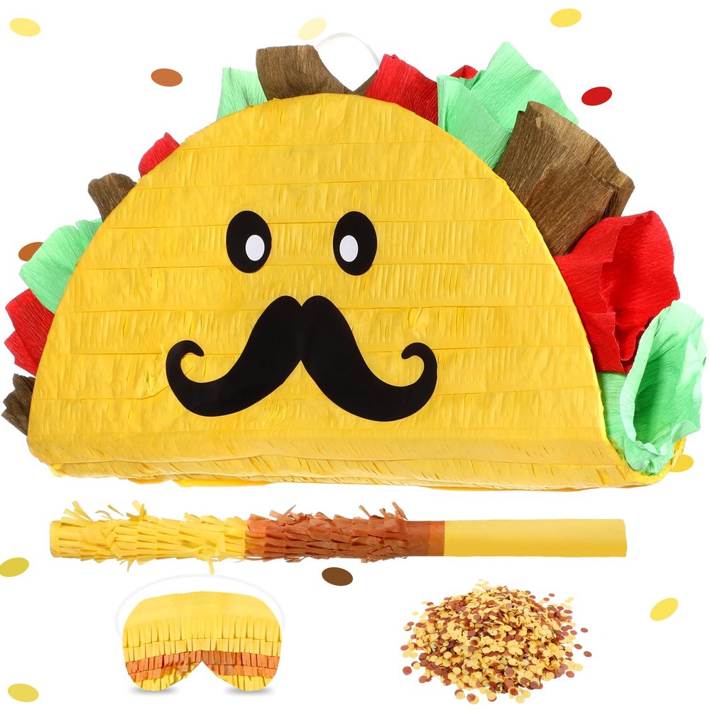 Sratte Taco Piata Mexican Themed Party Piata with Stick Blindfold Confetti Carnival Mexican Cinco De Mayo Fiesta Game for Cinco De Mayo Fiesta Theme Birthday Party, 16 x 8 x 3 Inch