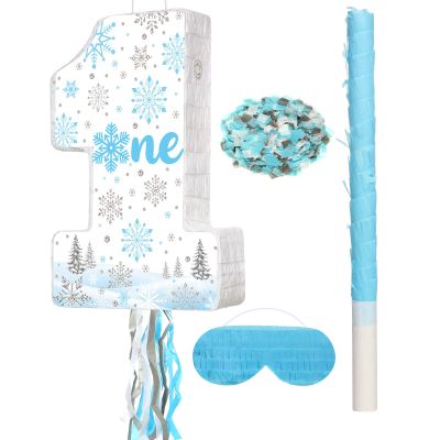 Aoriher Boys 1st Birthday Piata Winter Onederland Game Set Blue Silver Snowflake Piata with Stick Blindfold Mask Confetti for Boys First Birthday Baby Shower Party Game Supplies Decor