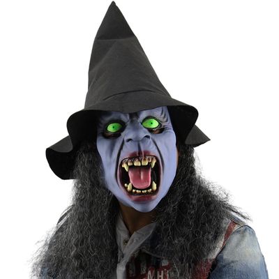 PENINSULA LOVE Creepy Witch Mask with Hat Hair,Halloween Scary Old Woman Mask Green Eyes Witch Cosplay Costume 3-in-1 set