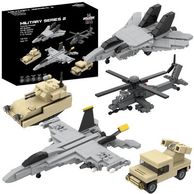 Apostrophe Games 5 Military Building Block Sets (730 Pieces) F/A-18 Hornet, F-14 Tomcat Fighter Jet, AH-64 Apache Helicopter, M2 Bradley Tank, and Humvee Avenger