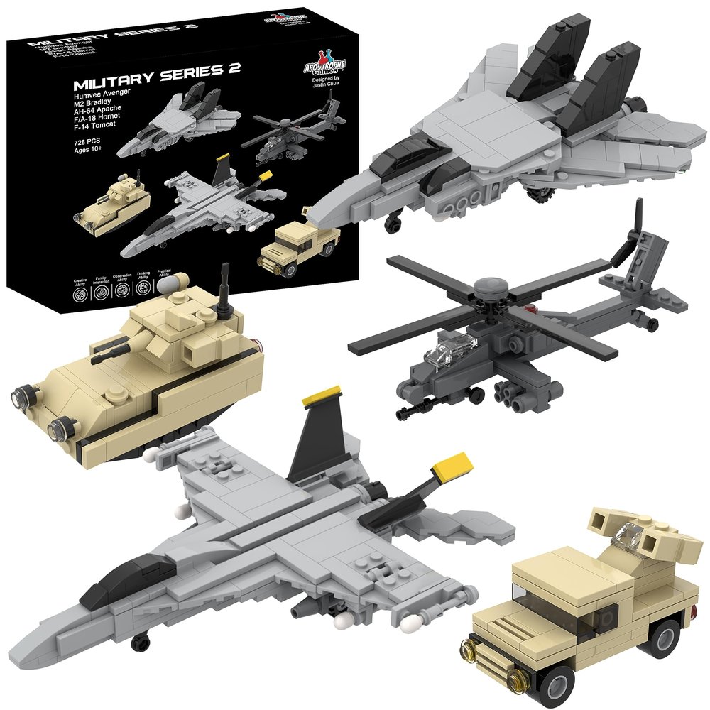 Apostrophe Games 5 Military Building Block Sets (730 Pieces) F/A-18 Hornet, F-14 Tomcat Fighter Jet, AH-64 Apache Helicopter, M2 Bradley Tank, and Humvee Avenger