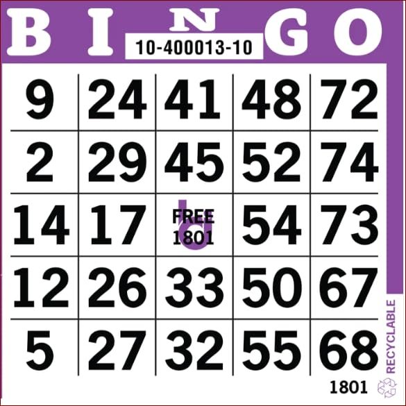 Bingo Paper Game Cards 1 on Purple 2000 Total Disposable Dauber Sheets for Fundraisers, Bingo Halls & Events Made in USA