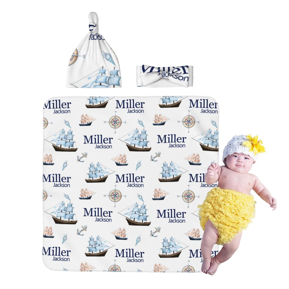 Personalized Baby Newborn Receiving Blanket with Beanie Hat Headband Set, Custom Name Swaddle Nursery Blanket for Boys and Girls, Soft Breathable Swaddle Wrap(Nautical Ship)