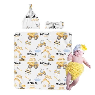 Personalized Baby Newborn Receiving Blanket with Beanie Hat Headband Set, Custom Name Swaddle Nursery Blanket for Boys and Girls, Soft Breathable Swaddle Wrap(Construction)