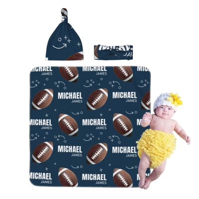 Personalized Baby Newborn Receiving Blanket with Beanie Hat Headband Set, Custom Name Swaddle Nursery Blanket for Boys and Girls, Soft Breathable Swaddle Wrap(Football)