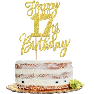 1 PCS Happy 17th Birthday Cake Topper Glitter Cheers to 17 Years Birthday Cake Pick Seventeen Hello 17 Cake Decoration for Happy 17th Birthday Anniversary Theme Party Decorations Supplies Gold
