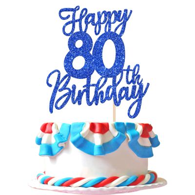 1 PCS Happy 80th Birthday Cake Topper Glitter Cheers to 80 Years Birthday Cake Pick Eighty Hello 80 Fabulous Cake Decoration for Happy 80th Birthday Anniversary Party Decorations Supplies Blue