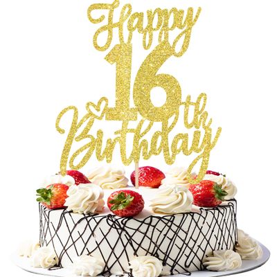 1 PCS Happy 16th Birthday Cake Topper Glitter Cheers to 16 Years Birthday Cake Pick Sixteen Sweet 16 Cake Decoration for Happy 16th Birthday Anniversary Theme Party Decorations Supplies Gold