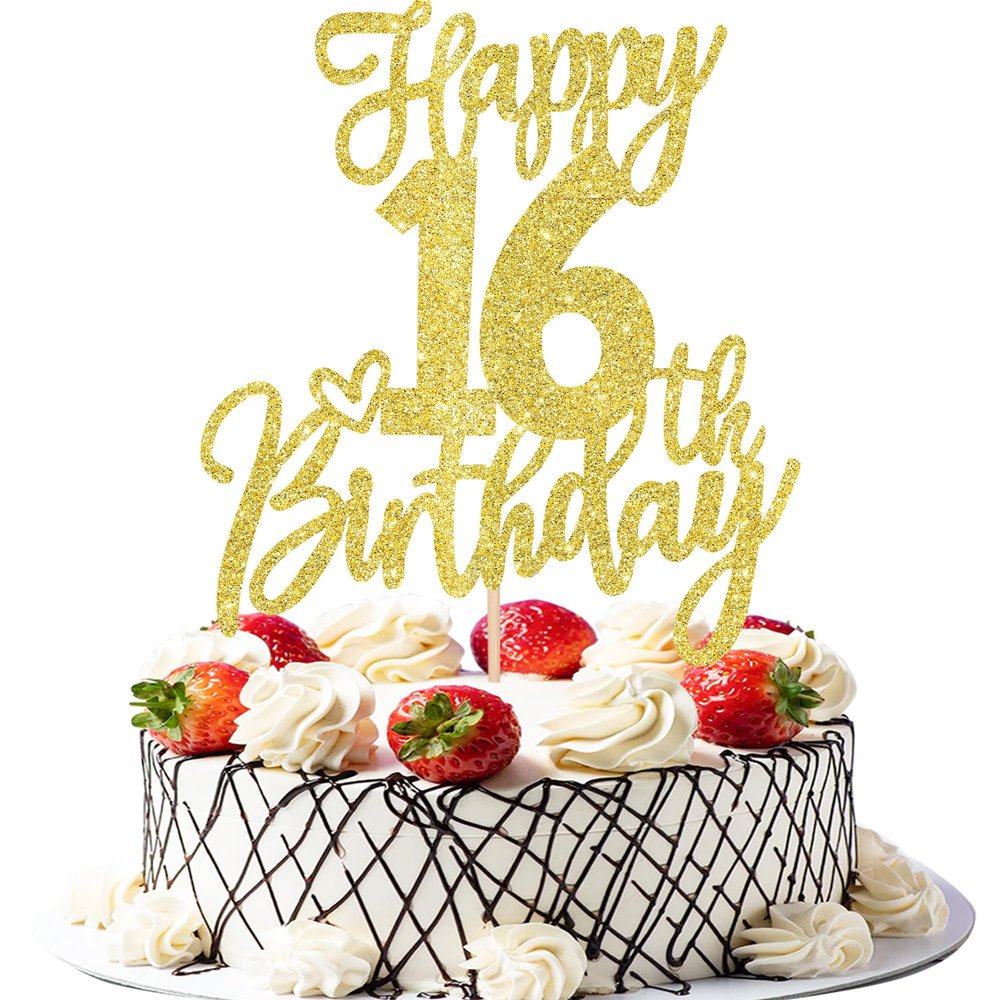 1 PCS Happy 16th Birthday Cake Topper Glitter Cheers to 16 Years Birthday Cake Pick Sixteen Sweet 16 Cake Decoration for Happy 16th Birthday Anniversary Theme Party Decorations Supplies Gold