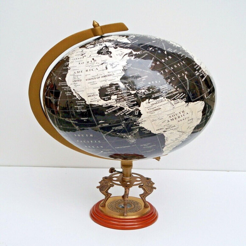 20" Desktop Globe Lion Base Compass Home Decor Black Ocean Globe