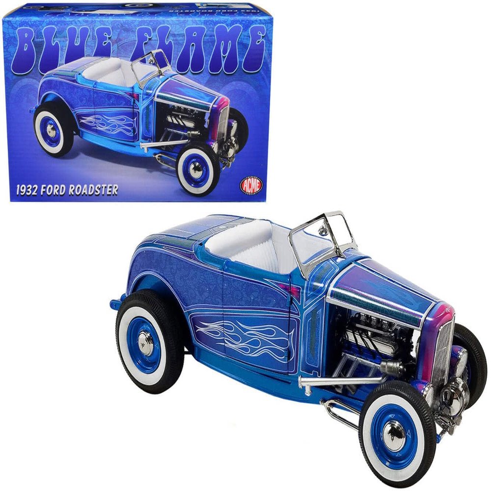 1932 Roadster Hot Rod Blue Metallic with Flames and White Interior Limited Edition to 468 Pieces Worldwide 1/18 Diecast Model Car by Acme A1805024