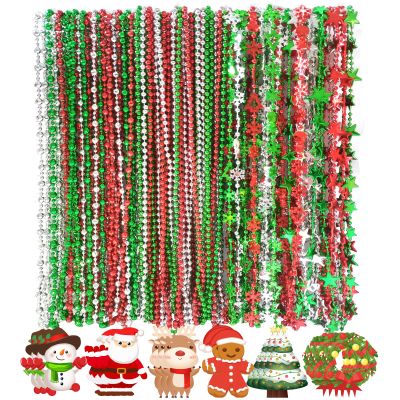 Becfupo 100 Pcs Christmas Beads Necklaces Bulk, Red Green Silver Beaded Necklaces With Xmas Tree Snowman Reindeer Santas Pendants For Chirstmas Party Favors