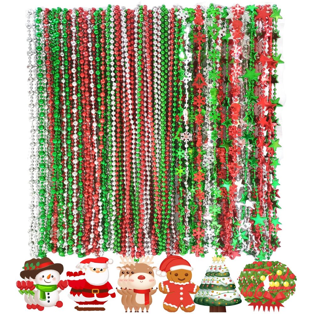 Becfupo 100 Pcs Christmas Beads Necklaces Bulk, Red Green Silver Beaded Necklaces With Xmas Tree Snowman Reindeer Santas Pendants For Chirstmas Party Favors