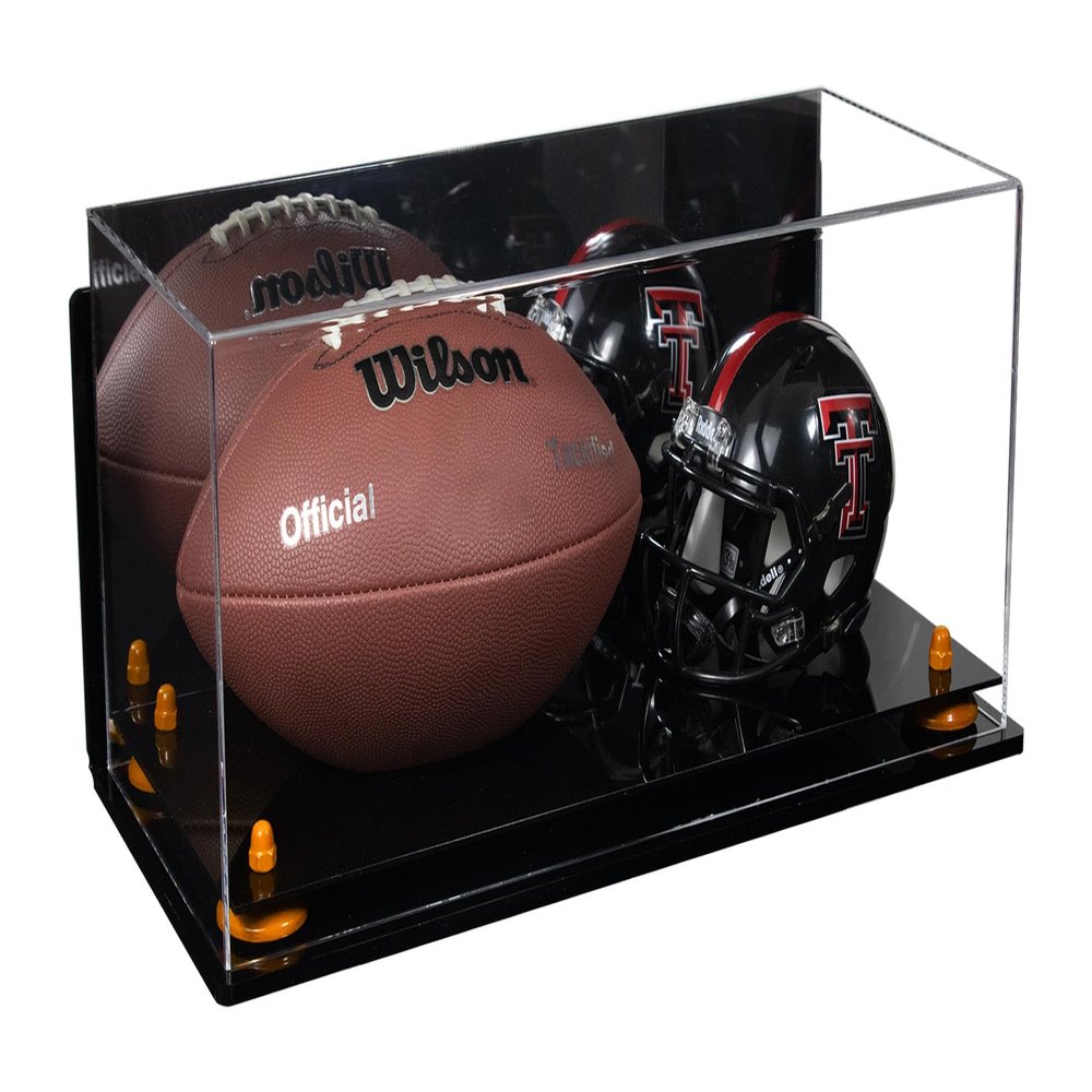 Better Display Cases Acrylic Display Case for Full Size Football and Mini Helmet with Mirror Case, Orange Risers, Wall Mount and Black Base - 19.25" x 8.25" x 8" (B47/A103)