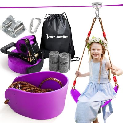 Zip ine Kit for Kids Outdoor,Stainless steellackline Pulley Slider with Swing seat Zip line,Kids Zipline kit for Backyard with 60ft Ninja Slackline Slackline Zipline