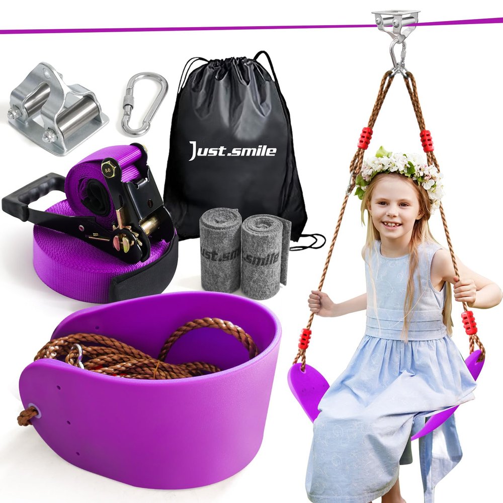 Zip ine Kit for Kids Outdoor,Stainless steellackline Pulley Slider with Swing seat Zip line,Kids Zipline kit for Backyard with 60ft Ninja Slackline Slackline Zipline