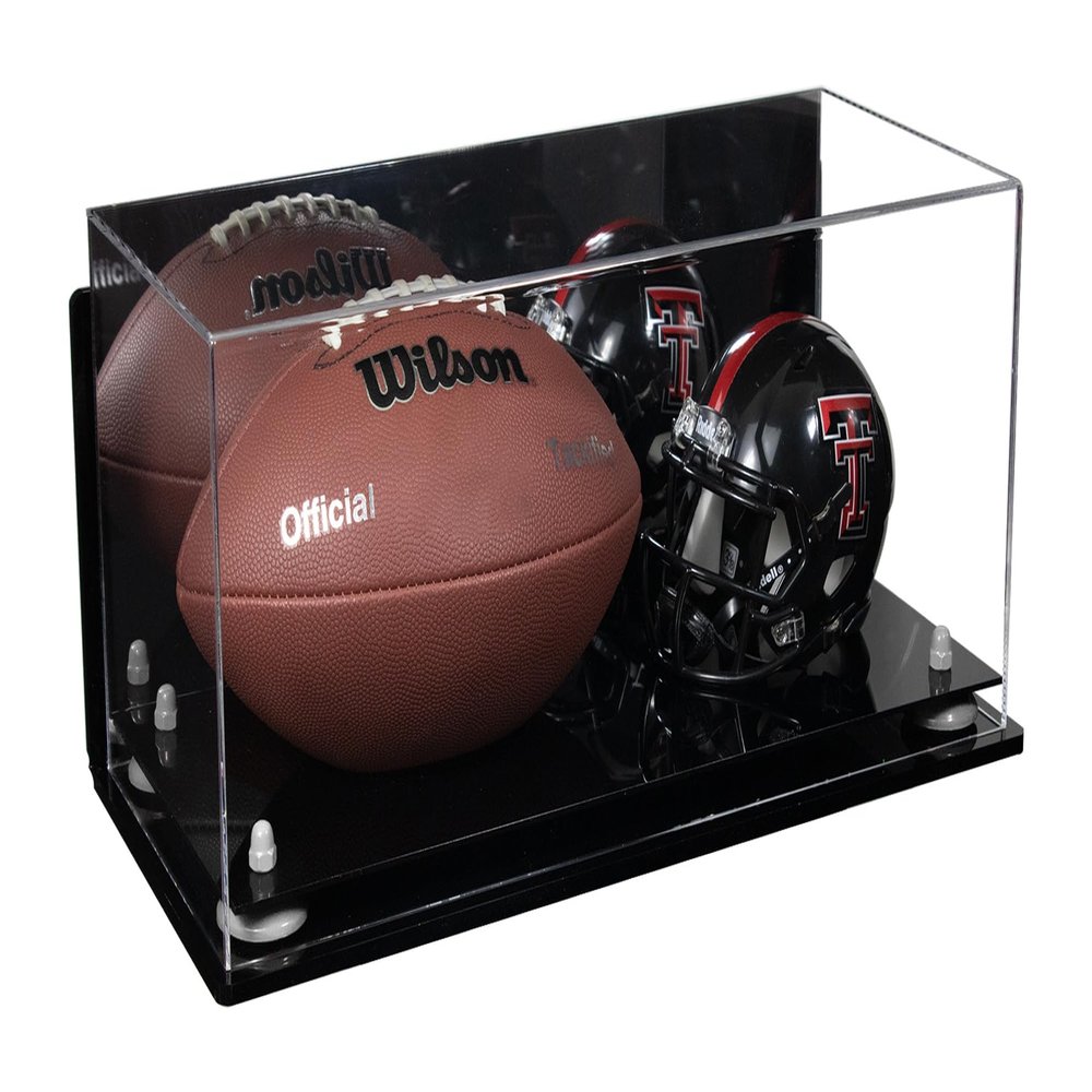 Better Display Cases Acrylic Display Case for Full Size Football and Mini Helmet with Mirror Case, White Risers, Wall Mount and Black Base - 19.25" x 8.25" x 8" (B47/A103)