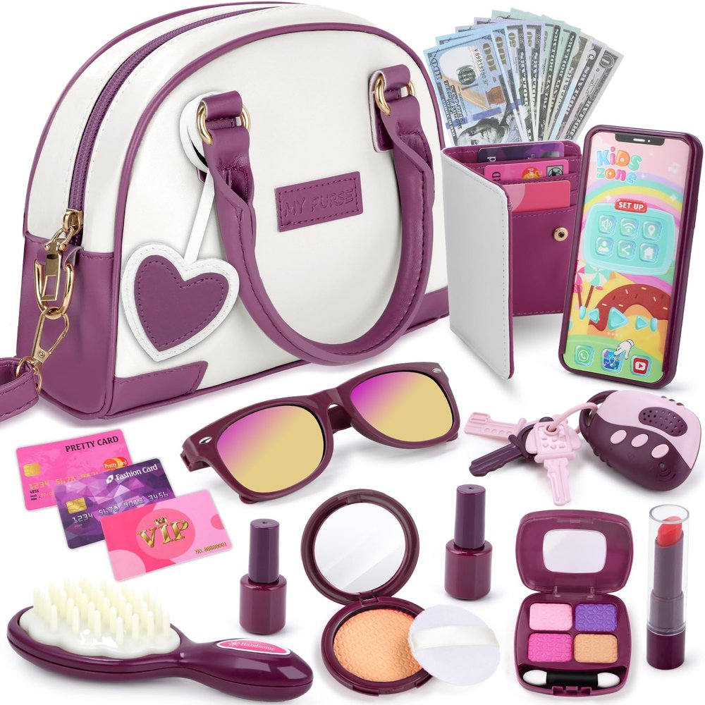 INNOCHEER Little Girls Purse, Kids Toy Purse with Pretend Makeup, Play Purse for Little Girls, Pretend Play Toddler Purse, Birthday Christmas Princess Gifts Toys for Girls 3 4 5 6 7 8 Year Old