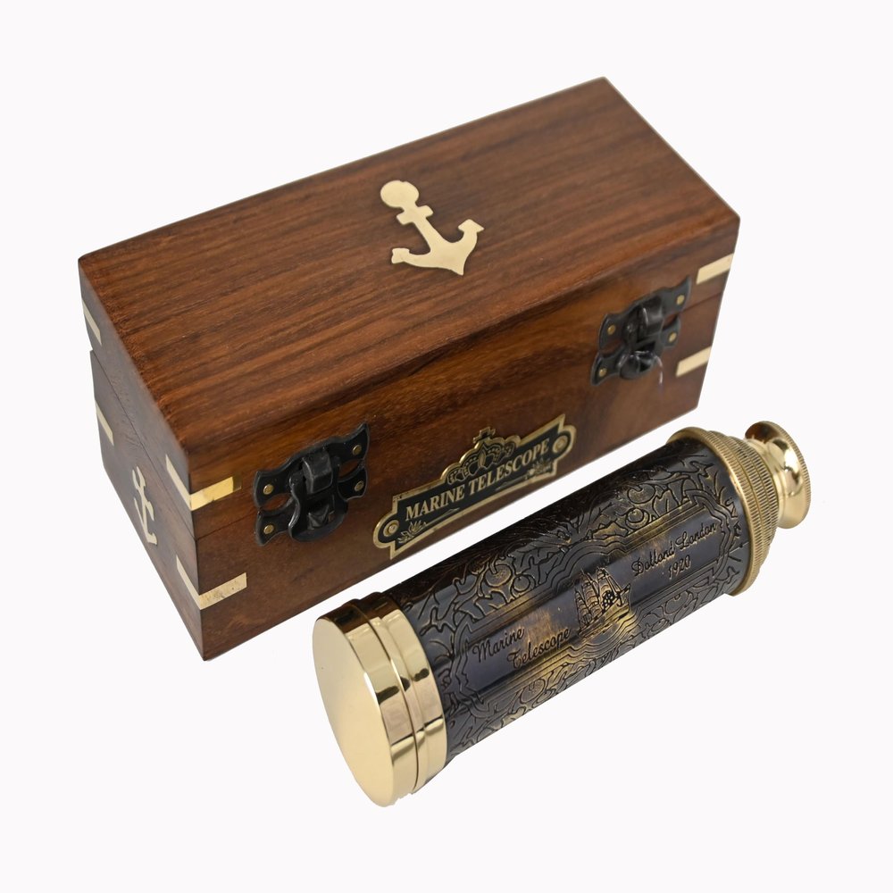 14" Handheld Brass Telescope with Engraved Imprints Pirate Collection Spyglass with Wooden Box Vintage Nautical Collectible, Antique Brass Pirate Scope Gift